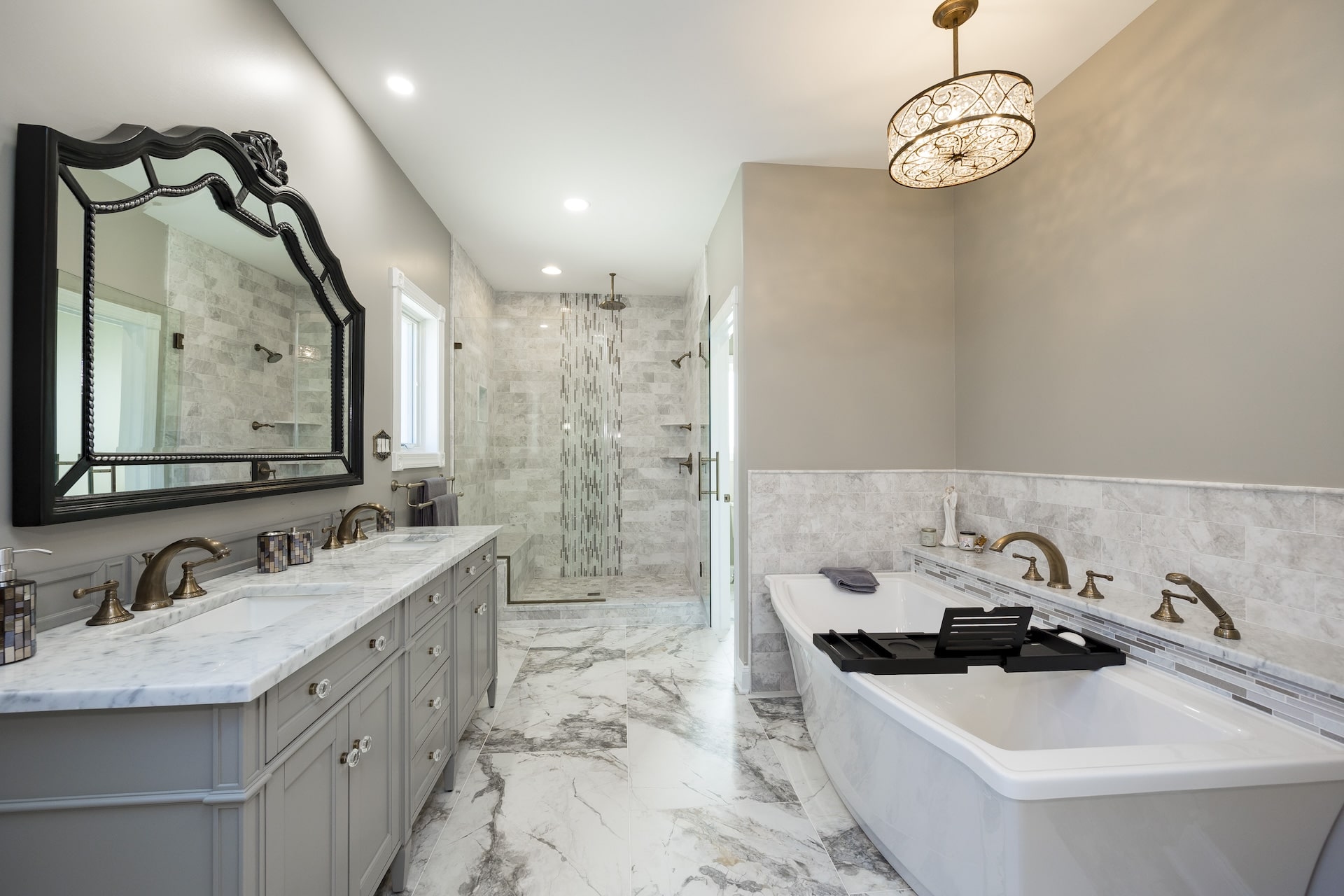 Hellings bathroom with waterfall shower and separate bathtub