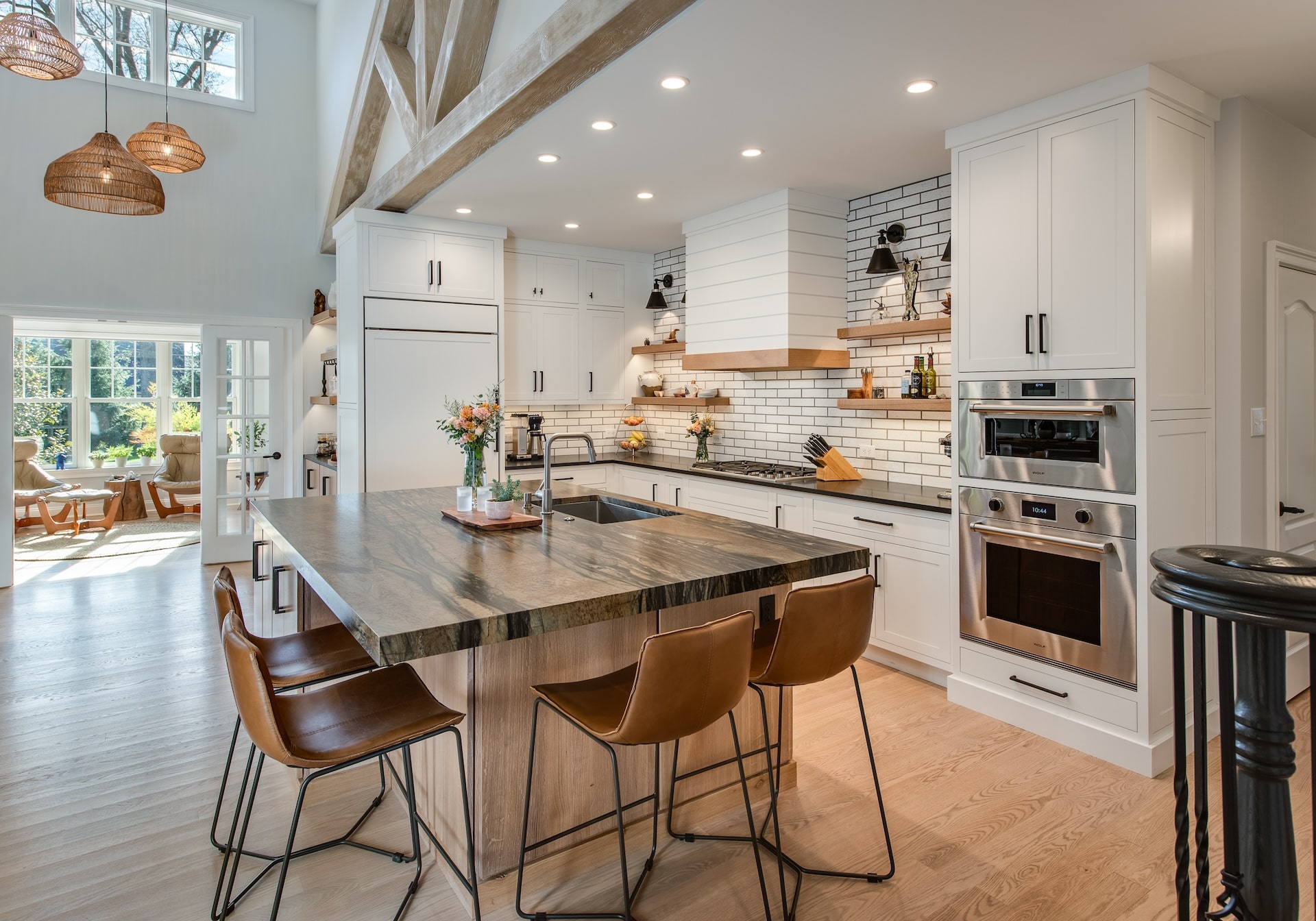 Hellings Kitchen with high ceilings and an island