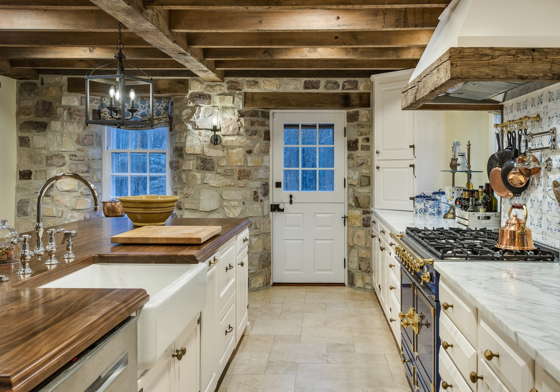 Hellings Renovated Kitchen. Exposed rafters and stonework