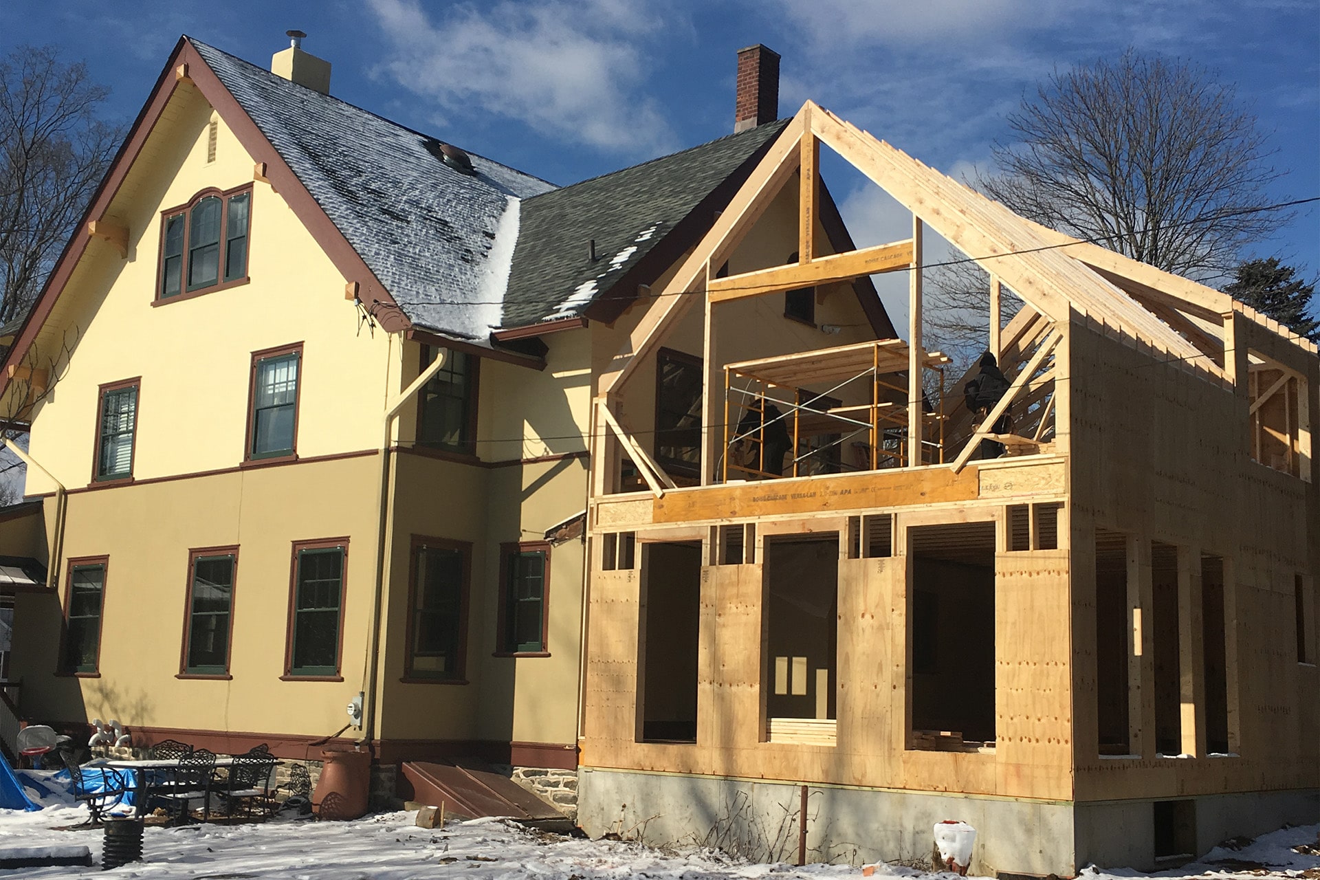 Partial construction of a building by Hellings Builders